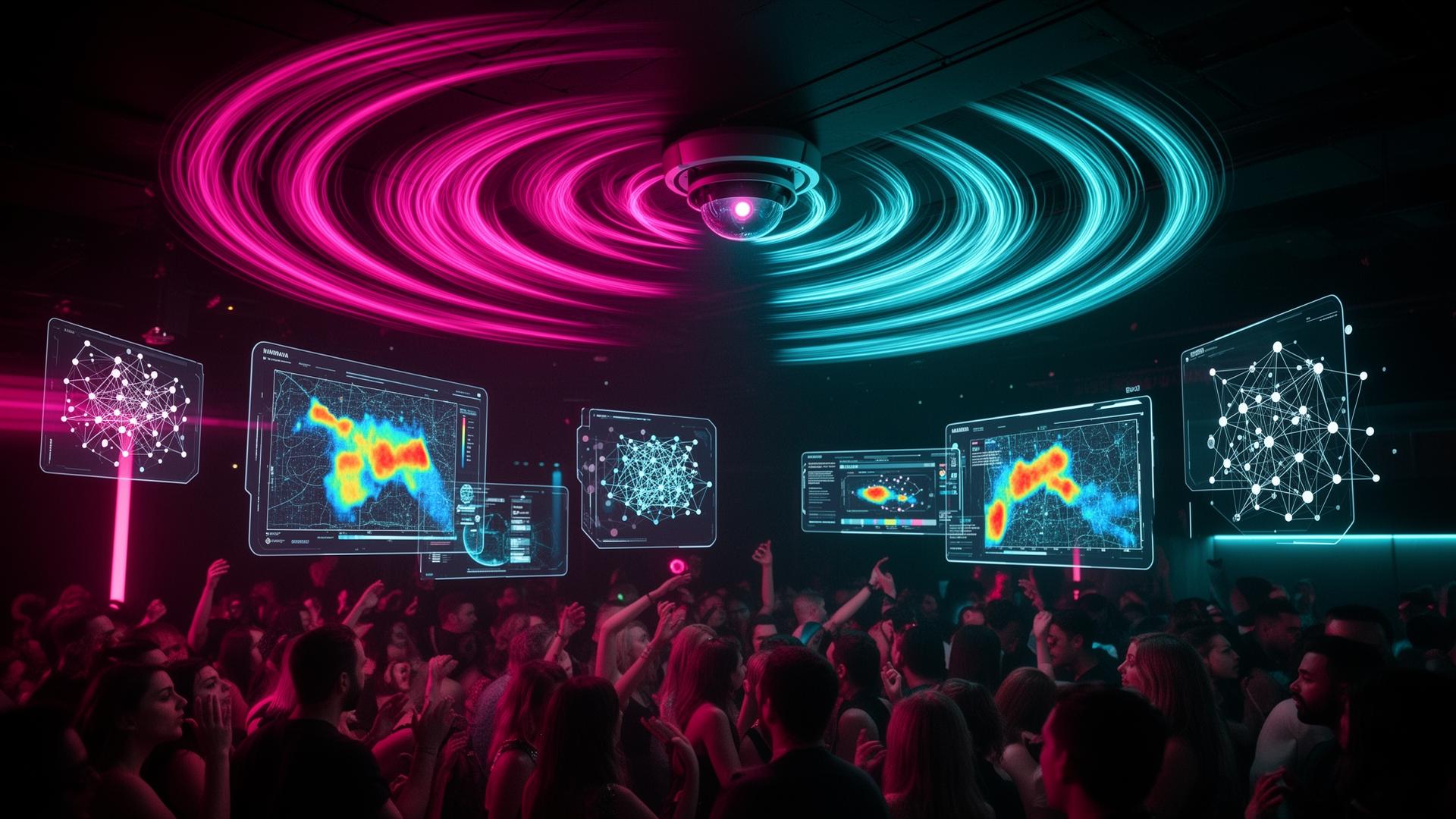 Futuristic mmWave sensor and AI dashboards inside a nightlife venue