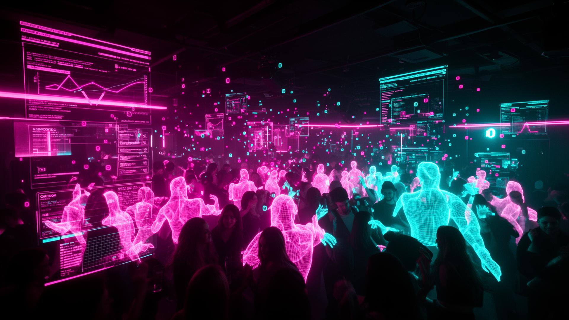 Futuristic AI-powered venue with computer vision overlay tracking crowd energy